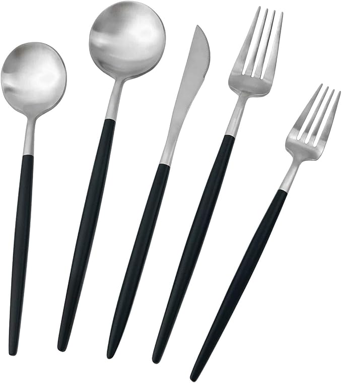 Gugrida Black Silver Flatware, Royal 5 Piece Matte Black Handle 18/10 Stainless Steel Tableware Sets for 1 Including Forks Spoons Knives, Camping Silverware Travel Utensils Set Cutlery Black/Silver
