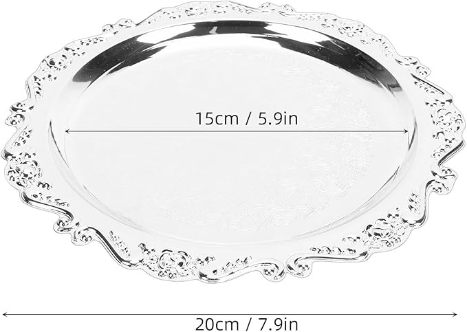 Fdit Floral Engraved Serving Platter, Vintage Style Iron Snack and Appetizer Tray, Silver Party Serving Tray for Home Buffet and Outdoor Camping (20cm)
