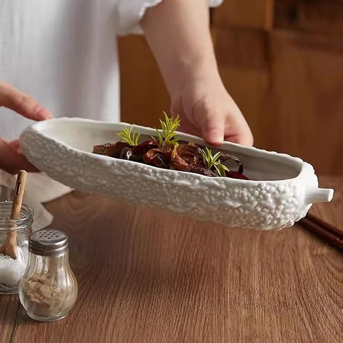 Reusable Plates Creative White Ceramic Vegetable Shape Plate Appetizer Home Long Deep Hotel Restaurant Tableware(10.6inch)