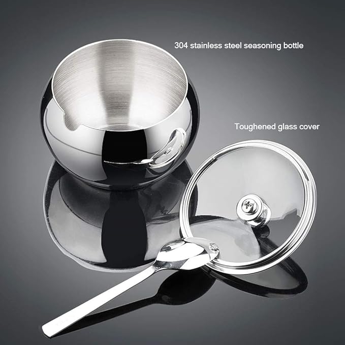 Stainless Steel Sugar Bowl with Lid and Spoon, Polished Shiny Condiment Pots for Serving Sugar Pepper Salt Spice- 330ml/ 11.6 Oz