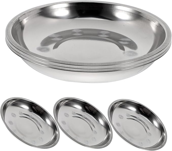 PRETYZOOM 6pcs Stainless Steel Round Plates Deep Serving Trays for Fruit Pasta Bbq Silver Dinnerware for Home Camping and Parties