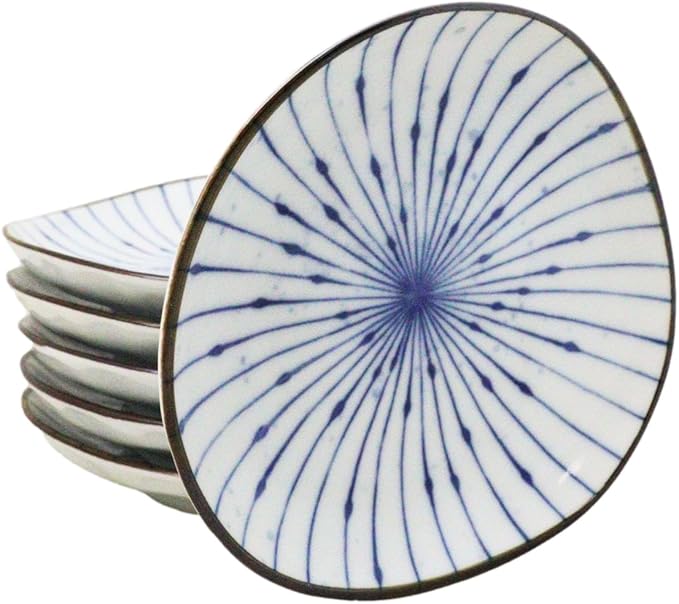 Ebros Gift Artistic Blue Waves Fubuki Tokusa Made In Japan Dinnerware Serveware Kitchenware Set Asian Japanese Restaurant Supply (Pack Of 6 Round Flair Salad Appetizer Small Plates)