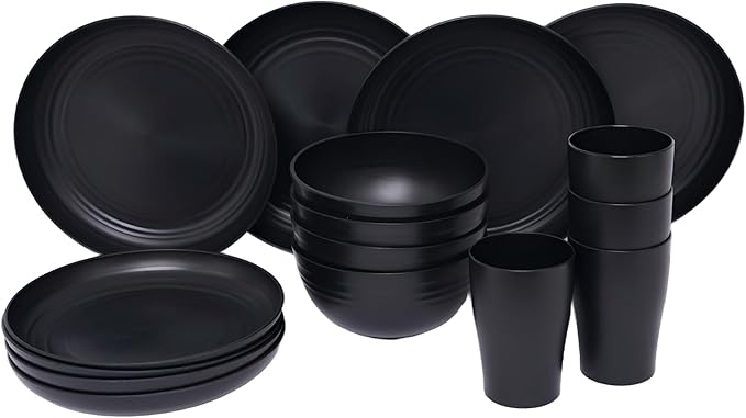 16 PCS Wheat Straw Dinnerware Set, Unbreakable Plates Bowls Cups for 4, Lightweight Microwave & Dishwasher Safe Tableware, Reusable Kitchen Set for Camping, Picnic, RV, Family Use (Black)