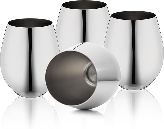 WOTOR Stemless Stainless Steel Wine Glasses Set of 4, 18oz Unbreakable Metal Wine Glass, Fancy, Unique Wine Goblets for Outdoor, Travel, Camping and Pool, Ideal Gift for Wine Lovers (Silver)