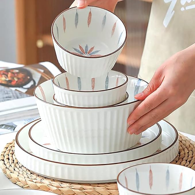 Kitchen tableware set,Ceramics Dinnerware Set, 32 Pcs Retro White Underglaze Color Dinner Set, Plates and Bowls Set with Leaf Pattern for Restaurant Family Gathering