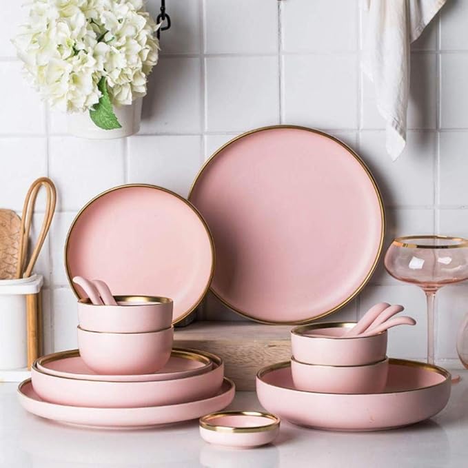 Dinner Plates,Dishes/Plate/Bowl Set,20 Pieces Pink Phnom Penh Matte Porcelain Tableware Ceramic Dinner Set Housewarming Gifts