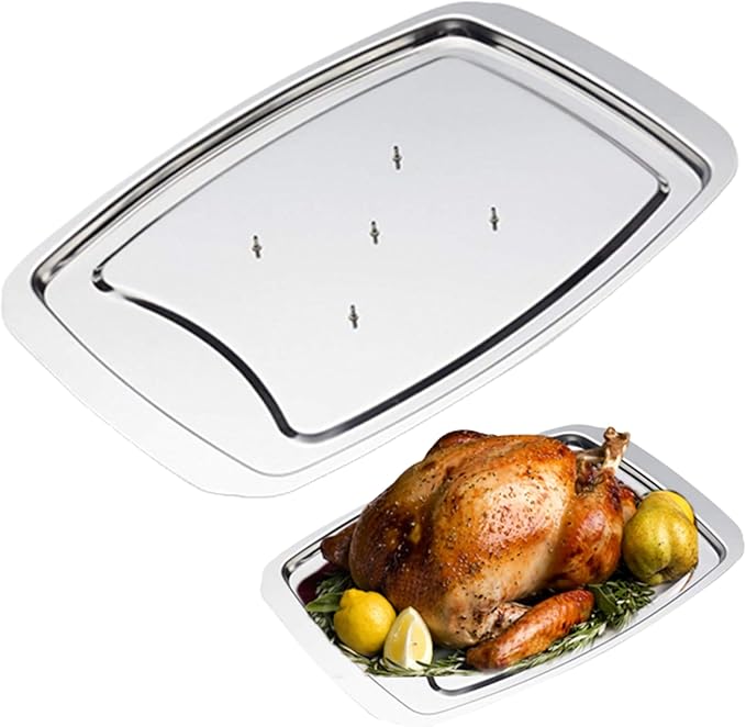 Stainless Steel Carving Tray Spiked Meat Dish with Spiked Caps Polished Non-Slip Serving Tray Turkey Pan for Slicing, Cutting, Chopping Home Kitchen Tools