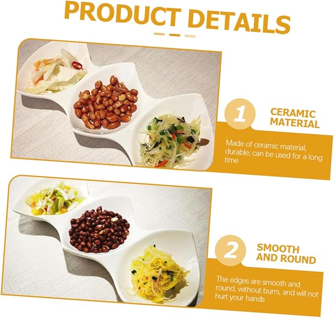 PRETYZOOM Triple Sauce Dishes Three-grid Ceramic Serving Bowls Appetizer Plate Condiment Bowl