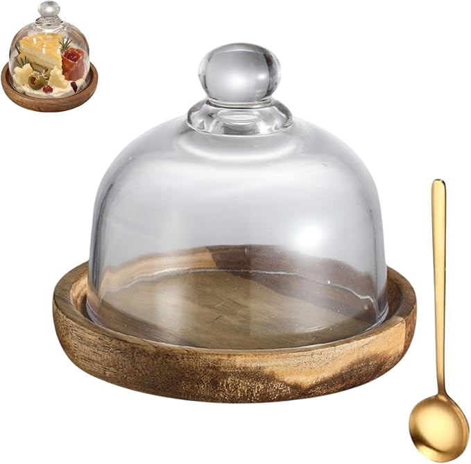 Mini Glass Dessert Display Stand with Dome Lid, Round Serving Tray with Clear Glass Cover, Small Cake and Cheese Display for Tabletop Use (light brown)