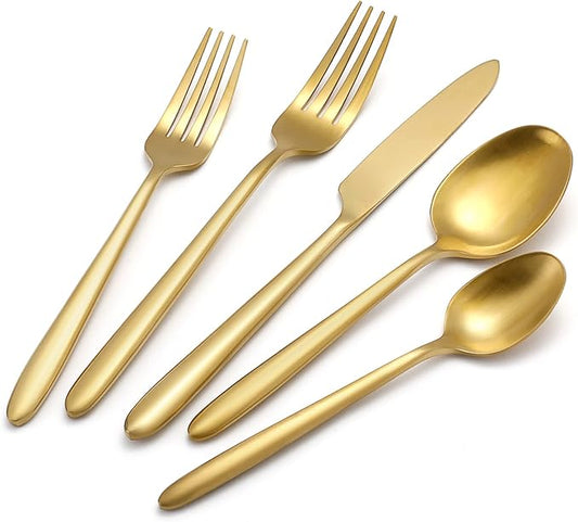 DEACORY Silverware Set Flatware Set Matte Gold Stain Polished Cutlery Set Brushed Finished Heavy Drip Handle Stainless Steel 60 Pieces Dishwasher Safe Service for 12
