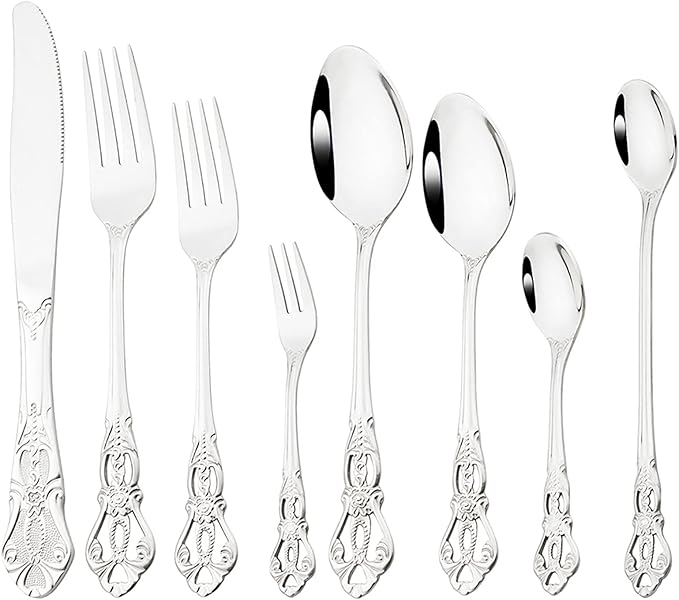 Elegant 32-Piece (4 Set) Retro Flatware Set, Stainless Steel Cutlery Set - Complete Eating Tableware Serving Set, Dishwasher Safe, Shiny Mirror Polish (Silver)