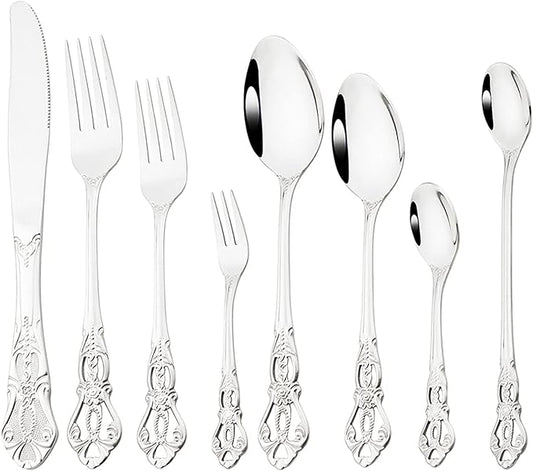 Elegant 32-Piece (4 Set) Retro Flatware Set, Stainless Steel Cutlery Set - Complete Eating Tableware Serving Set, Dishwasher Safe, Shiny Mirror Polish (Silver)