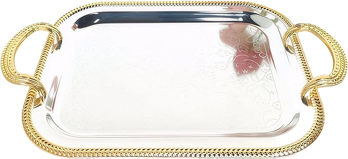 Rectangular Serving Tray Silver with Handles for Parties, Large Metal Tray for Serving Food and Drinks, European Style Tray