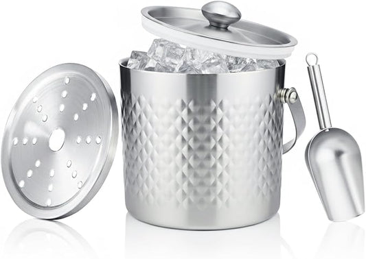 Ice Bucket with Lid, Handle and Ice Scoop Strainer Insulated Champagne Bucket 3L Wine Bucket for Party Large Double Wall Bucket Keep Frozen