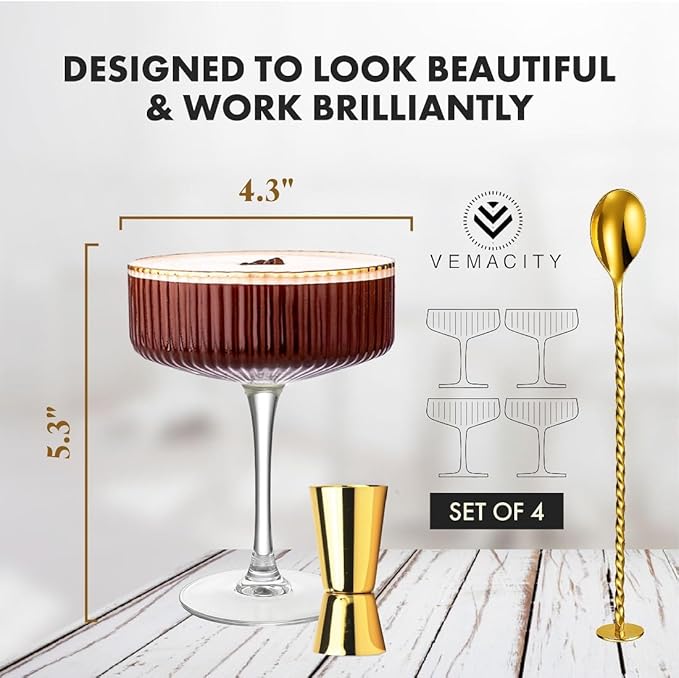 VEMACITY - Ribbed Espresso Martini Glasses Set of 4 with Gold Rims - Vintage Cocktail Glasses for Margaritas, Champagne and More - Includes Jigger & Bar Spoon | Ideal for Martinis and Cocktails