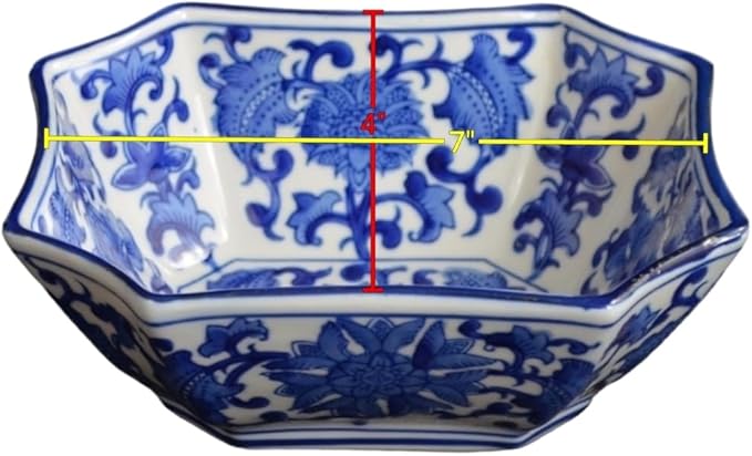 Blue and White Long Octagon Serving Bowls, Salad Bowls, Fruit Bowls (7")