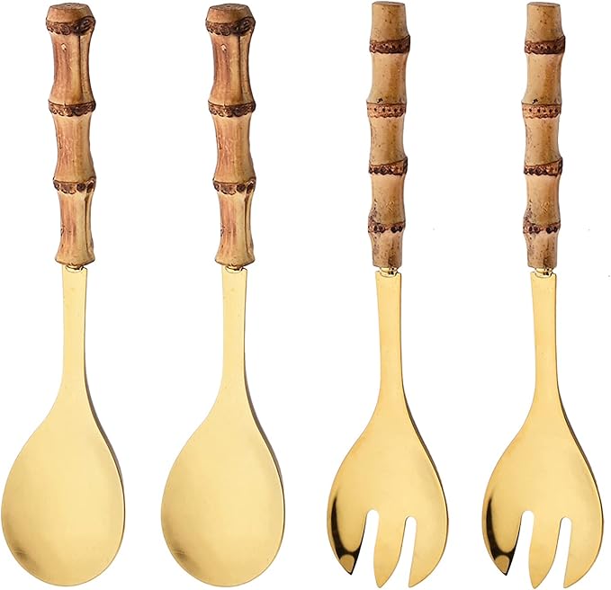4 Piece Bamboo Handle Serving Set Utensils, 304 Stainless Steel Long Hanlde Serving Fork Spoon For Kitchen Buffet Restaurant Wedding Party Home (2 Spoons 2 Forks, Gold)