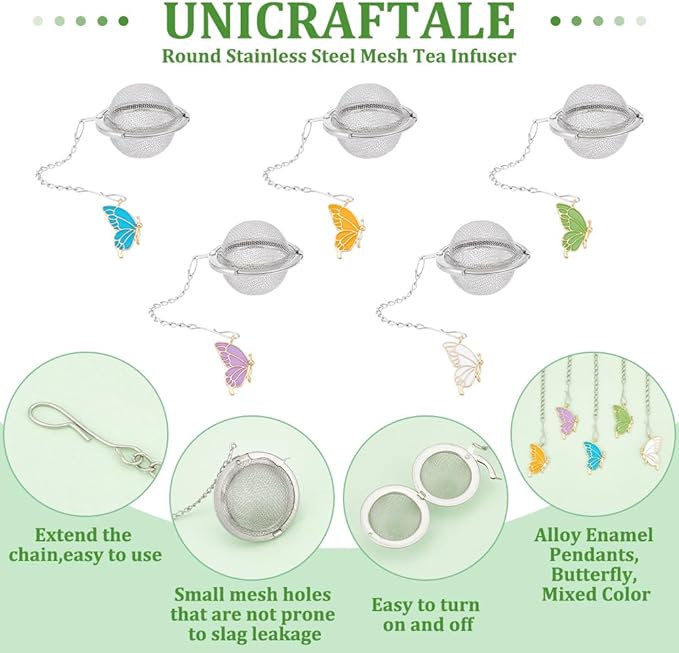 UNICRAFTALE 5pcs Round Stainless Steel Mesh Tea Infusers Round Tea Strainer with Butterfly Pendant Loose Tea Holder Tea Mesh Strainer Tea Filters for Brew Tea Spices Seasonin