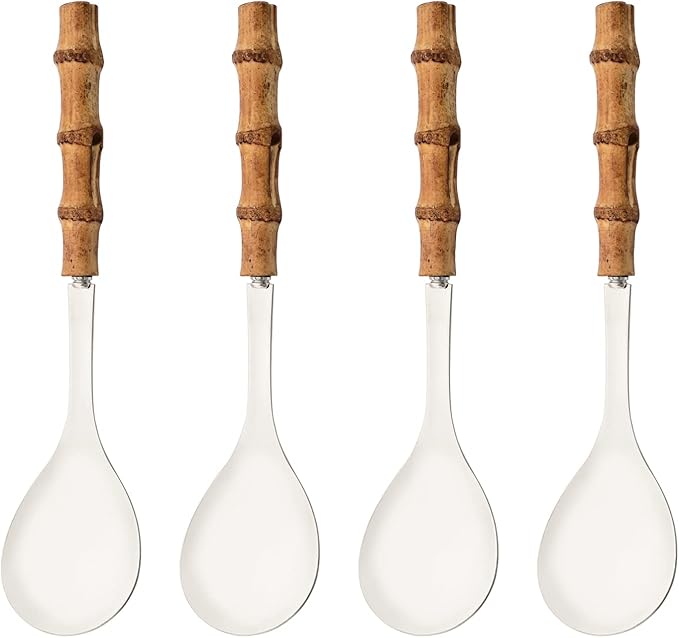 Buffet Serving Spoons Set of 4-10 inch Large Size Stainless Steel Salad Spoons - Natural Bamboo Handle Design - Serving Utensils for Home, Kitchen, Restaurant, Party (Silver)