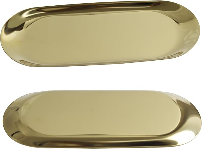 2Pcs 9x4inch Stainless Steel Decorative Trays, Oval Jewelry Dish Cosmetics Organizer, Gold Serving Platter for Bathroom Vanity Dresser Storage