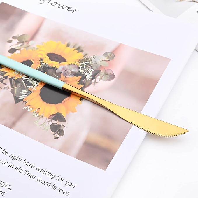 40 Pcs Silverware Set With Teaspoon For 10, Food Grade Stainless Steel Utensils Tableware Set, Elegant & Simple Flatware Serving Set Include Knife Fork Spoon, Mirror (Mint Green Gold)