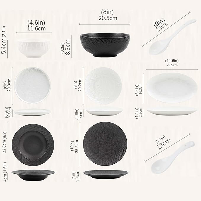 Elegant Black and White Minimalist Matte Ceramic Dinnerware Set, Includes Plates, Bowls, Perfect for Home Dining, Modern Tableware for Everyday Use or Gifting, Ideal for Housewarming