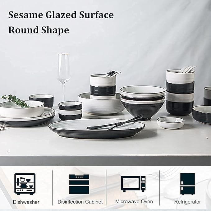 Classic Luxurious Porcelain Dinnerware Set,42 Piece Round Plates and Bowls Sets,Speckle Black and White,Service for 8~10,Dishes Sets/Ceramic Dinner Set,Black,