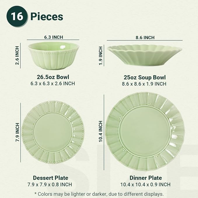 HOMBENE Dinnerware set, 16 Piece plates and bowls sets for 4, Ceramic Mordern dish set for party, Porcelain dish set, House gift, Microwavable safe, Mint Glow Green