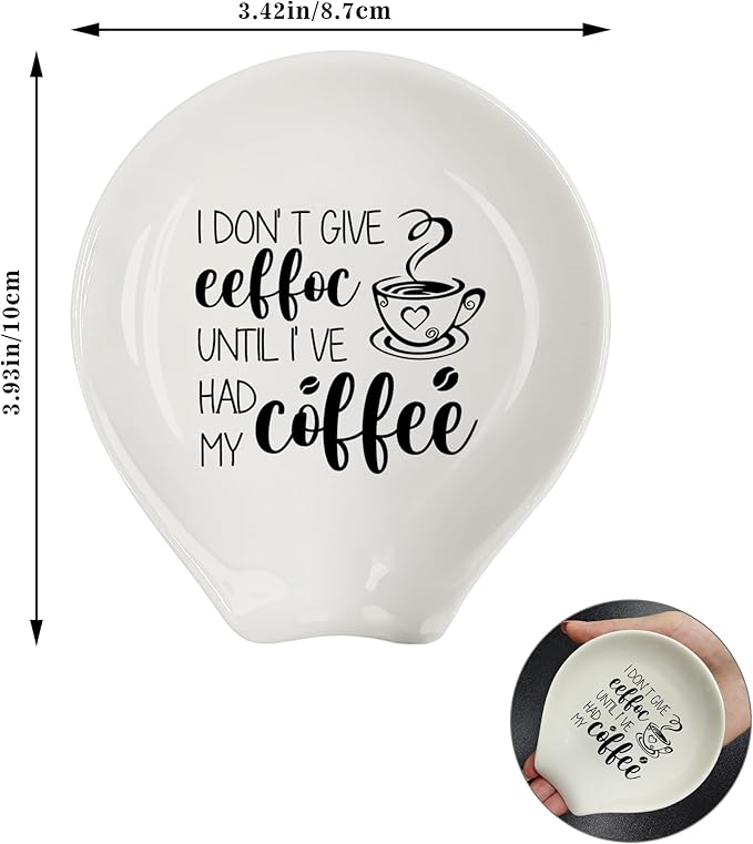 Coffee Spoon Rest, Coffee Bar Accessories & Spoon Holder, I DON'T GIVE EEFFOC UNTIL I 'VE HAD MY COFFEE Ceramic Spoon Holder for Coffee Lovers Gifts for Friend Wife Husband Sister (White-1)