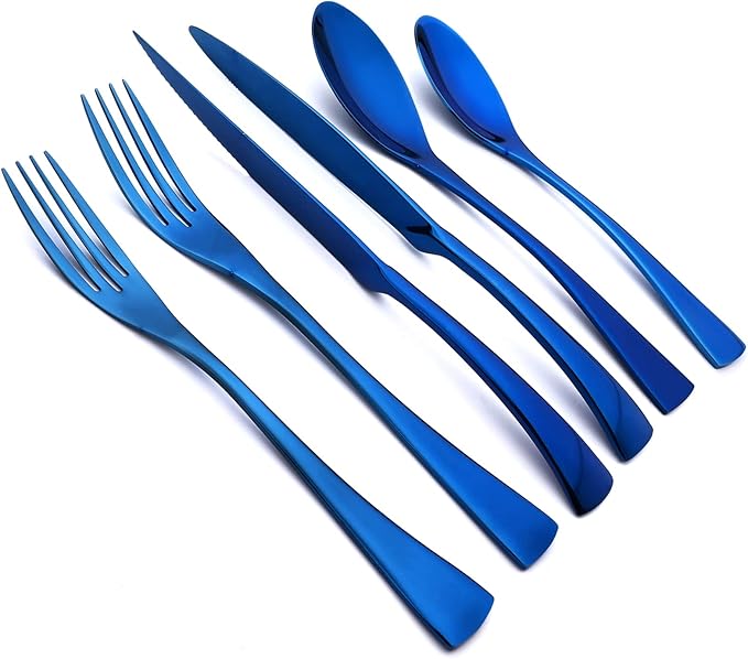 24-Piece 304 Silverware Set, Mirror Polish Serving Flatware Cutlery Set Include Steak Knife Fork Spoon, Wedding Kitchen Restaurant Utensils Daily Use, Service For 4, Blue