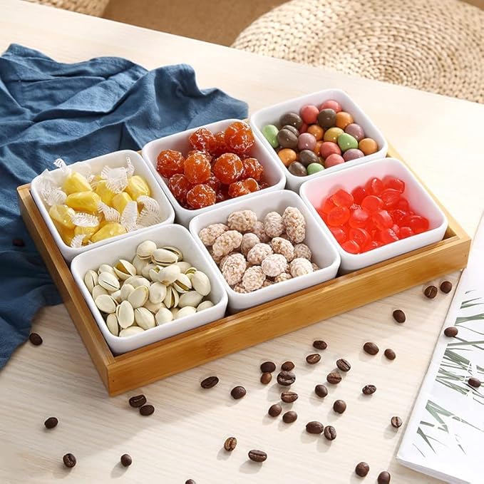 Ceramic Divided Serving Dishes, Serving Tray and Platter Ceramic Condiments Tray with Lids 2 Removable Appetizer Serving Bowls for Chips and Dip Condiment Fruit Veggies Nut Candy and Snacks
