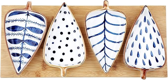 Sauce Dish Japanese Style Leaf Shape Ceramic Sauce Dishes 3.35 Inch Condiments Dish Dipping Plates Soy Sauce Vinegar Appetizer Dishes or Seasoning（with Tray） Dipping Bowls (C)
