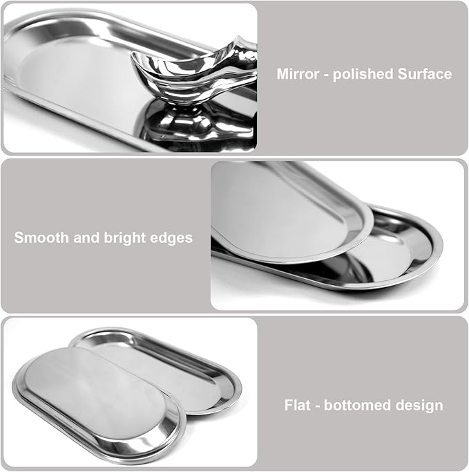 Silver Tray 2 Pack Stainless Steel Decorative Tray 7 in Vanity Tray Jewelry Dish Tea Fruit Cosmetics Clutter Storage Dish Plate Bathroom Kitchen Table Serving Platter,Oval,Silver