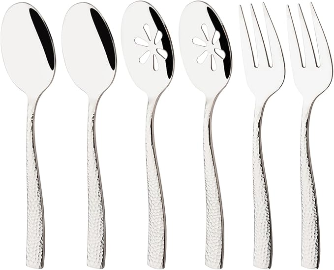 6 PCS Hammered Serving Utensils, Uniturcky Stainless Steel Serving Spoons Set, Square and Thick Hostess Serving Set, Includes 2 Serving Spoon 2 Serving Fork and 2 Slotted Spoon, Mirror Silver