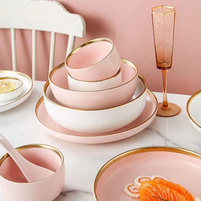 Porcelain Dinnerware Sets Plates and Bowls Sets 30 Pieces Porcelain Dinnerware Set, Nordic Style Tableware Set, Pink and White Dish with Phnom Penh, Dishwasher Safe