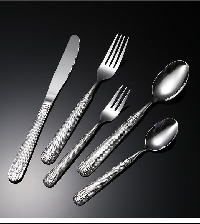 Stainless Steel Flatware serving set,Home Kitchen Eating Tableware Set,Dishwasher Safe,For Home Kitchen Restaurant Hote 5/20/30/40/50/60 Pieces Wheat Ears Stainless Steel Tableware Embossed Handle Tab