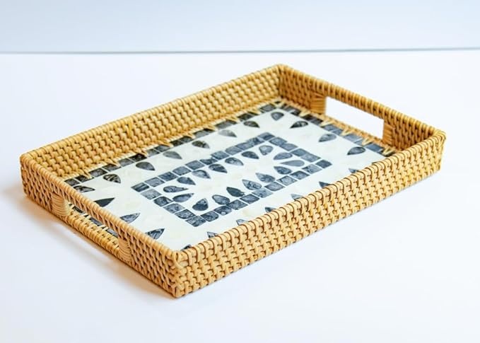 Magenta & Teal Decorative Rectangle Rattan Serving Tray 13x9 inch Mother of Pearl Inlay, Wicker Coffee Table Decor, Farmhouse (Blue Tan Star)