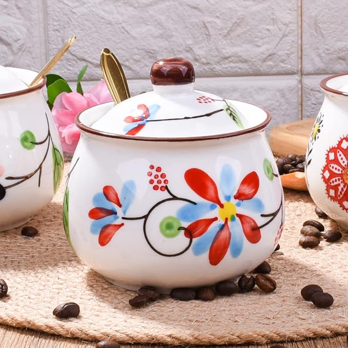 Porcelain Sugar Bowl with Lid and Spoon Seasoning Container Salt Jar for Home and Kitchen (HH)