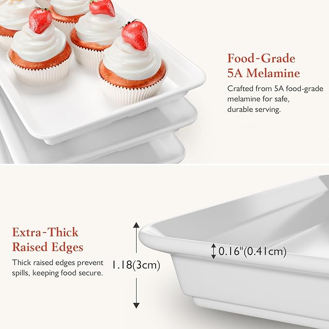 3-Tier Melamine Serving Tray Set, 14"x7" Platters for Serving Food, White Reusable Trays with Golden Metal Display Stand for Cupcakes, Sevring Food, Dessert, Fruit, Cookie, 24K Gold-Plated