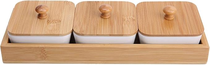 Joyzan Ceramic Divided Serving Dishes, Porcelain Snack Nut Condiments Appetizer Bowl Lids Dip Candy Platter Relish Bamboo Tray Removable Food Display Container Fruit Dessert Potato Chip Birthday Party