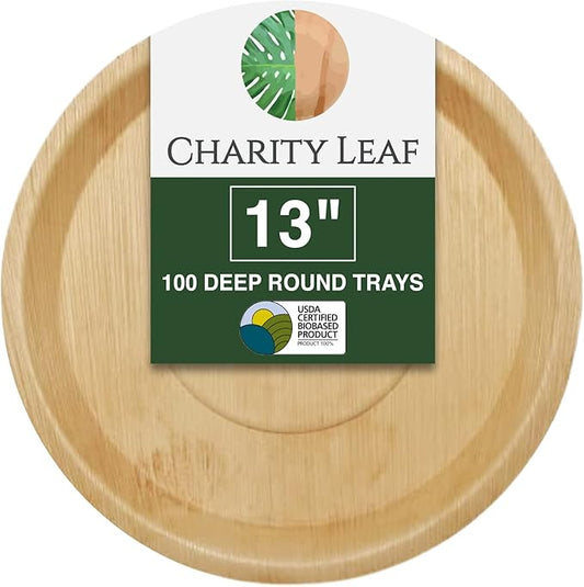Charity Leaf Disposable Palm Leaf 13" Deep Round Trays (100 pieces) Bamboo Like Serving Platters, Disposable Boards, Eco-Friendly Dinnerware For Weddings, Catering, Events