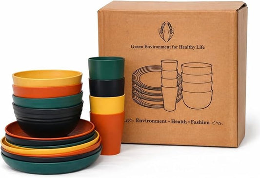 16 PCS Wheat Straw Dinnerware Set, Unbreakable Plates Bowls Cups for 4, Lightweight Microwave & Dishwasher Safe Tableware, Reusable Kitchen Set for Camping, Picnic, RV, Family Use (Macaron)