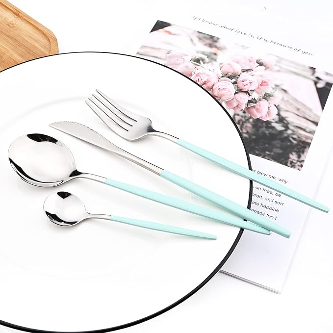 Mirror Cutlery Serving Set, 24-piece 18/0 Stainless Steel Silverware With Mint Green Handle Simple & Modern Tableware For Home Restaurant Dinner, Service For 6 (Mint Green Silver)