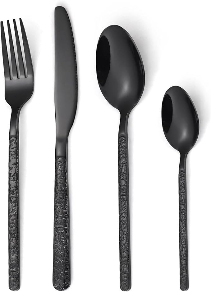 24 Pcs Black Hammered Silverware Set Service for 6,Stone Pattern Vintage Stainless Steel Flatware Set,Cutlery Utensil,Durable Kitchen Eating Tableware Set,Ripple Fork Knife Spoon Set,Dishwasher Safe