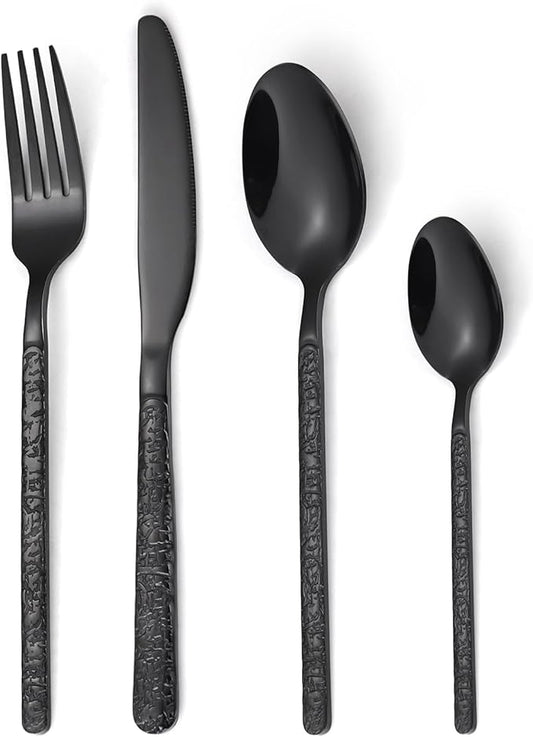 24 Pcs Black Hammered Silverware Set Service for 6,Stone Pattern Vintage Stainless Steel Flatware Set,Cutlery Utensil,Durable Kitchen Eating Tableware Set,Ripple Fork Knife Spoon Set,Dishwasher Safe