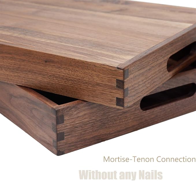 Set of 3 Large Solid Black Walnut Wood Ottoman Tray with Handles, Serve Tea, Coffee or Breakfast in Bed, Classic Wooden Decorative Serving Tray, L+M+S