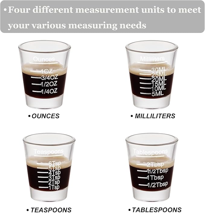 Ackers Shot Glasses Etching Scale Measuring Cup 2PACK Espresso Shot Glasses Liquid Heavy Glass 26-Incremental Measurement 1 OZ, 2 TBS, 6 TSP, 30 ML Kitchen Tools