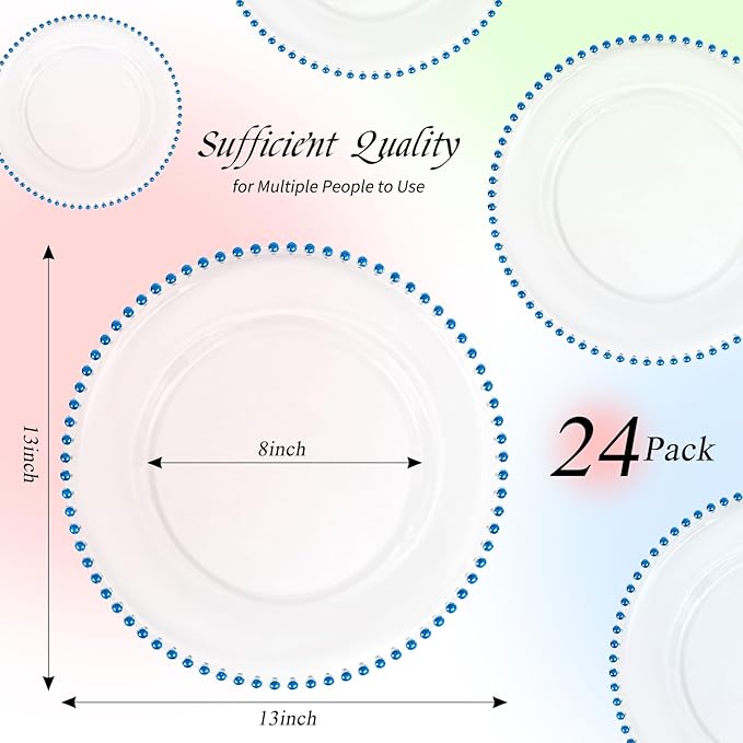 24 Pack Clear Charger Plates with Beaded Rim, 13 Inch Plastic Chargers for Dinner Plates Acrylic Round Tabletop Decoration for Home Kitchen Catering Wedding Table Event Party Dinner (Blue)