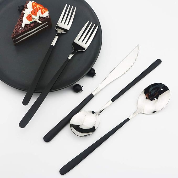 JASHII 20-Piece SUS304 Stainless Steel Flatware Set, Mirror Polished Black Silver Silverware Set Dinner Knife Fork Spoon Dessert Fork Salad Spoon Service for 4.(Black silver)