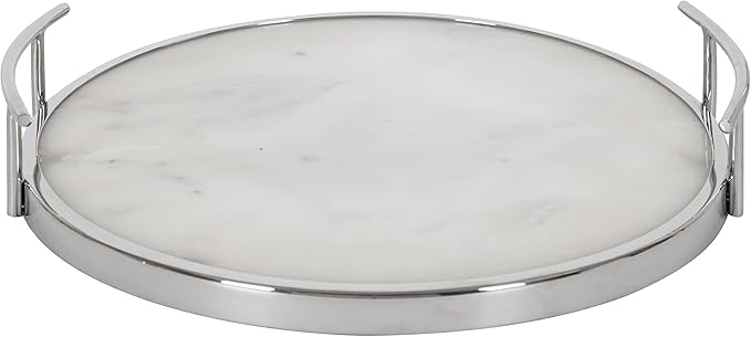 Kate and Laurel Marbury Modern Round Marble Tray; 14 Inch Diameter; Silver; Decorative White Marble Tray for Display and Storage